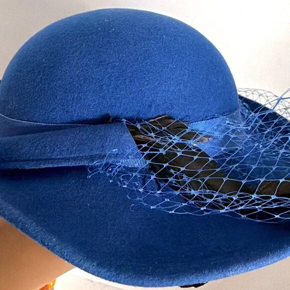 Vintage 50s USA Bollman Tilt Hat Cobalt Royal Blue Wool Brim Veil Feather Fedora